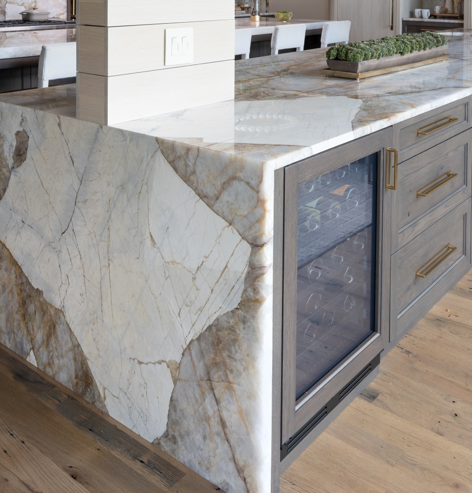 Custom cabinetry for whole house remodel in Oklahoma with waterfall edge Crystallo countertops