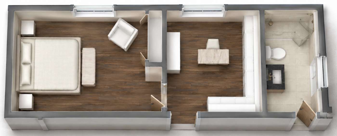 Guest suite before remodel - two rooms into one.