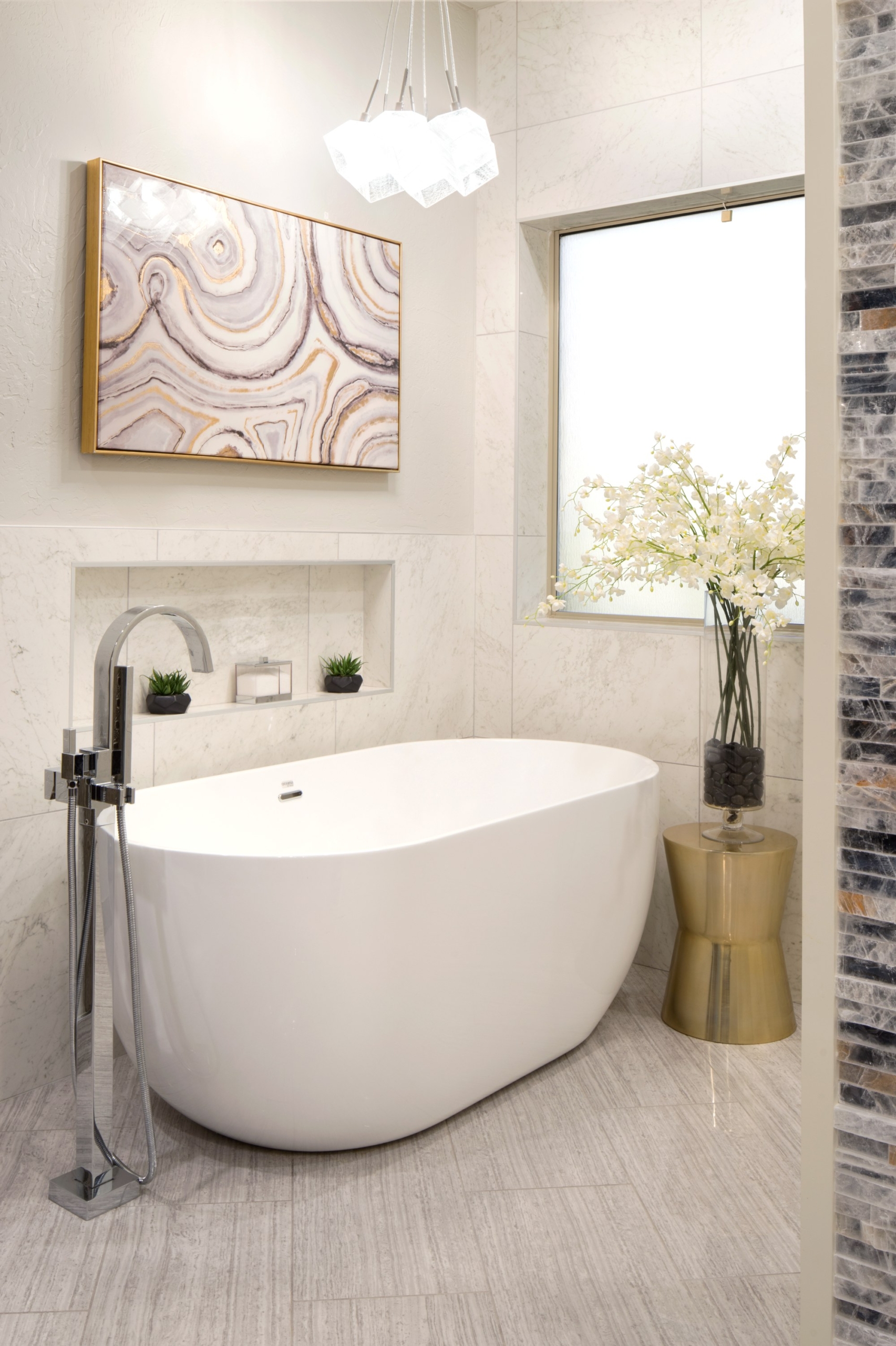 Master Bathroom remodel in Deer Creek with Freestanding tub curbless shower, and crystal tiled wall