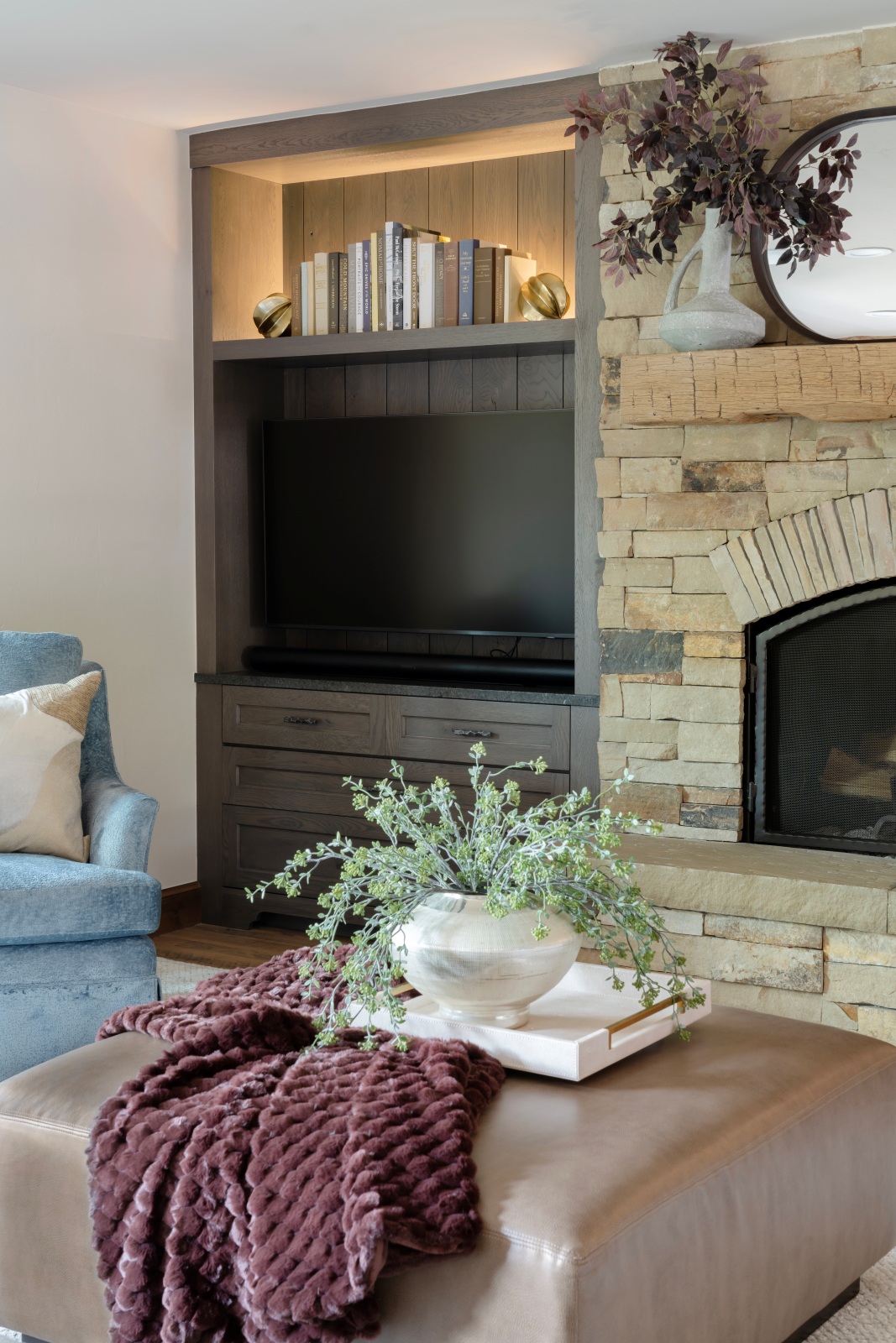 Custom TV/Media cabinet in stained rustic oak for this living room remodel