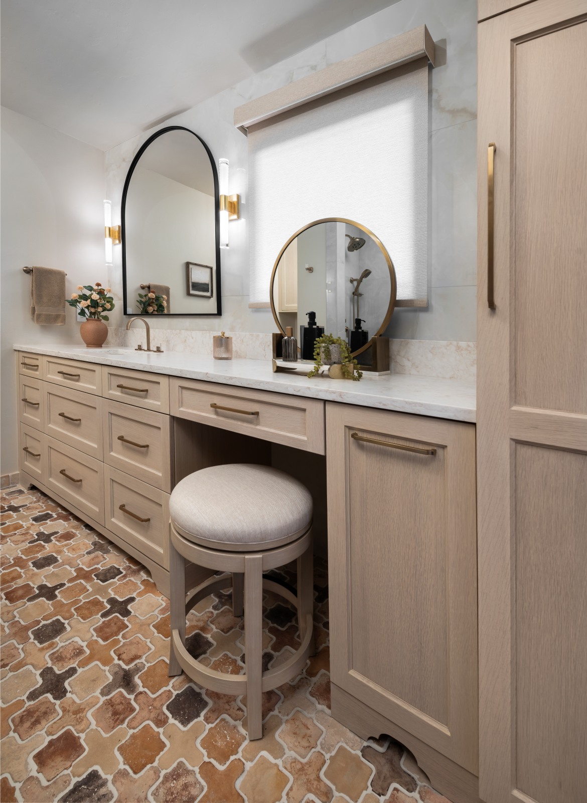 Edmond-guest-bath-remodel-vanity-by-ekb Custom light oak vanity with toe-kick lighting in remodeled guest suite bathroom