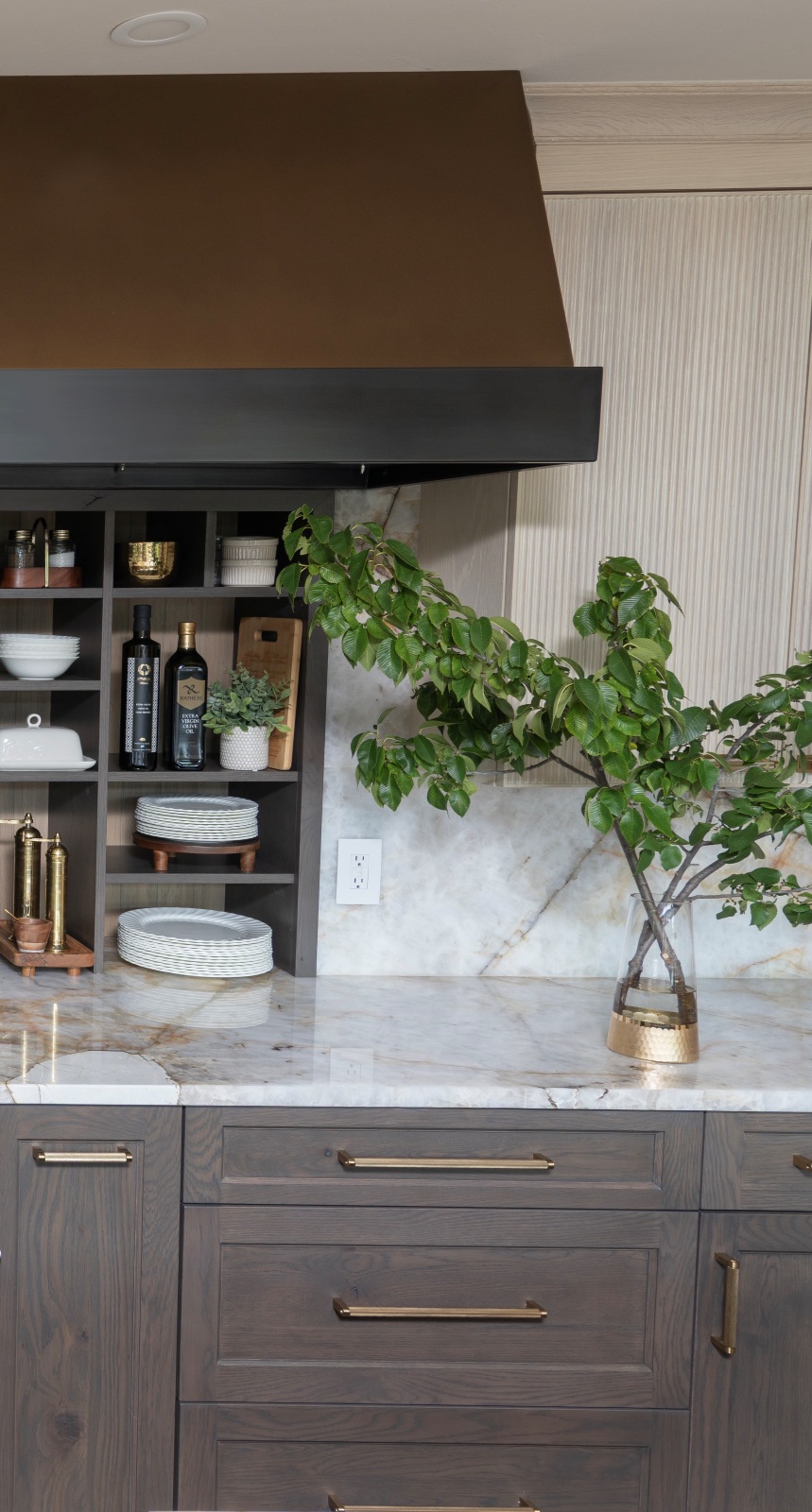 Edmond-kitchen-remodel-custom-venthood-with-custom-cabinets Custom bronze vent hood designed for this full kitchen remodel in Edmond.