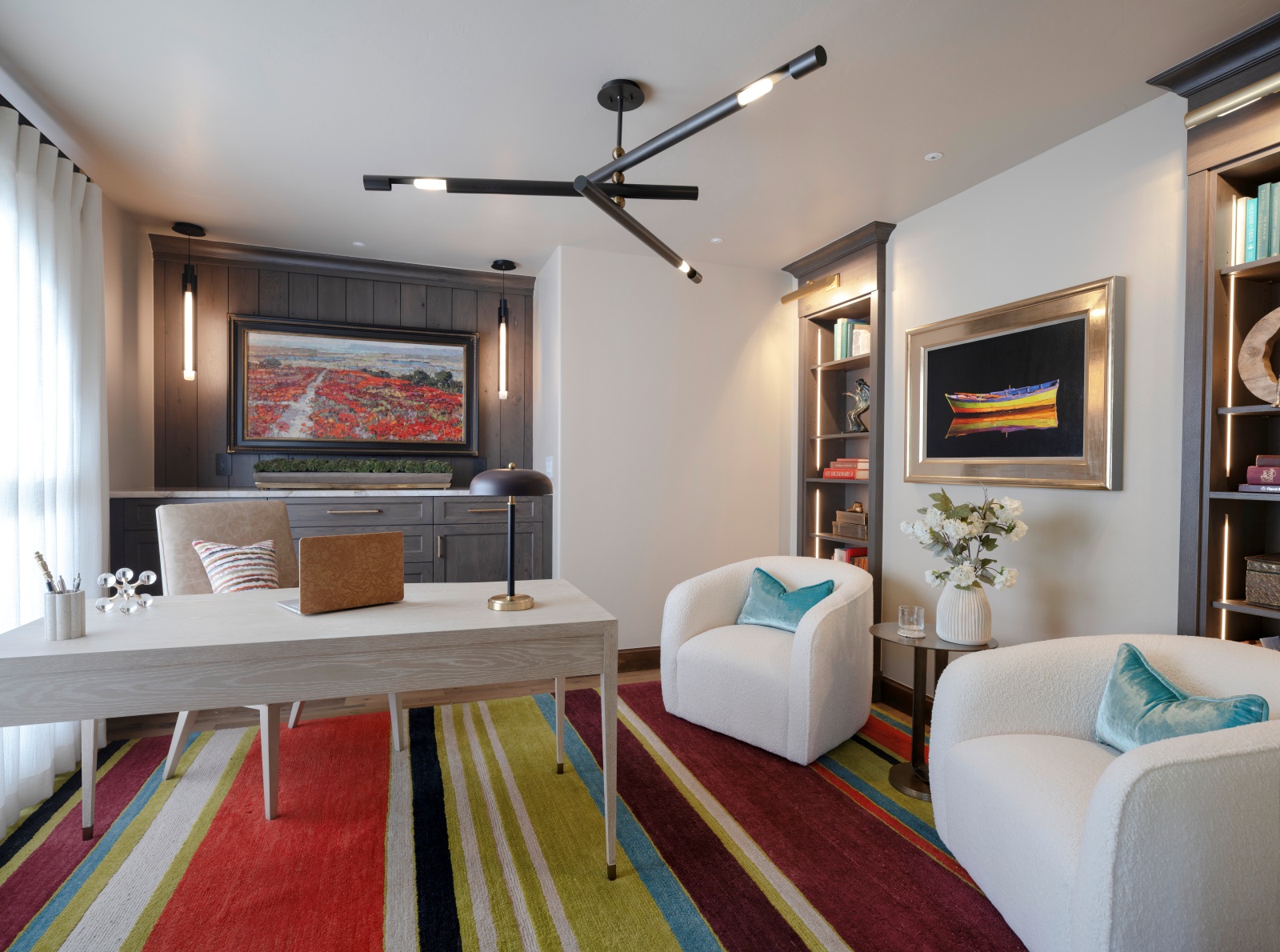 Edmond-office-remodel-custom-recessed-cabinetry Custom home office with built-in bookcases, credenza and layered decorative lighting